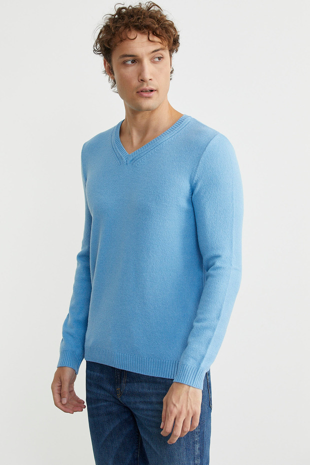 سترة تريكو أساسية برقبة على شكل حرف V - أزرق فاتح - 3