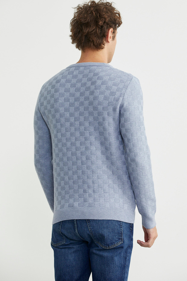 Patterned Crew Neck Knit Sweater - Blue - 5