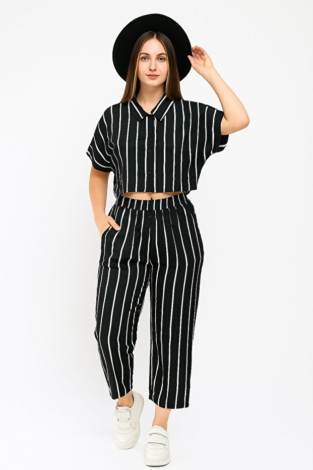 Women's Black Striped Top and Bottom Crop Shirt Pocketed Pants Moroccan Set