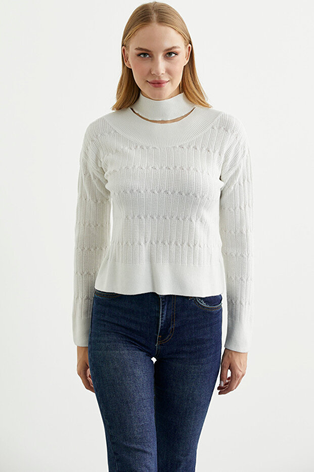 Saç Örgü Basic Dik Yaka Triko Kazak - Kemik - 4
