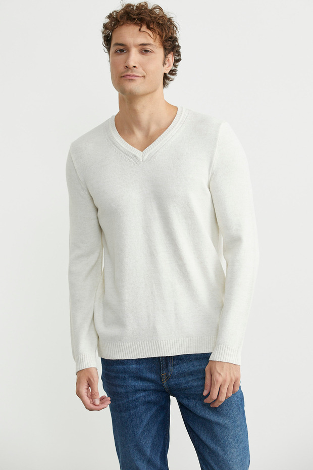 V Yaka Basic Triko Kazak - Kemik - 3