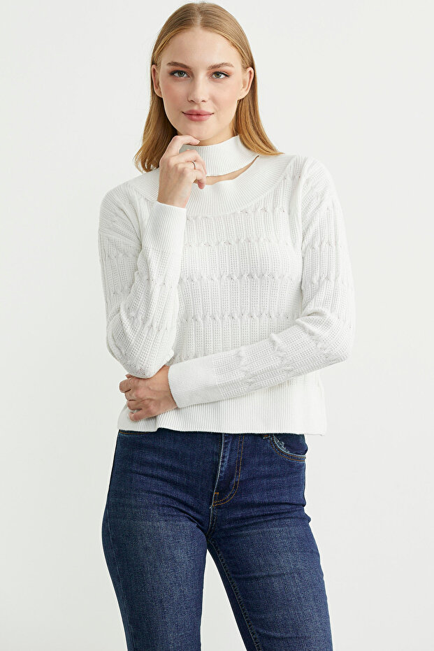 Saç Örgü Basic Dik Yaka Triko Kazak - Kemik - 1