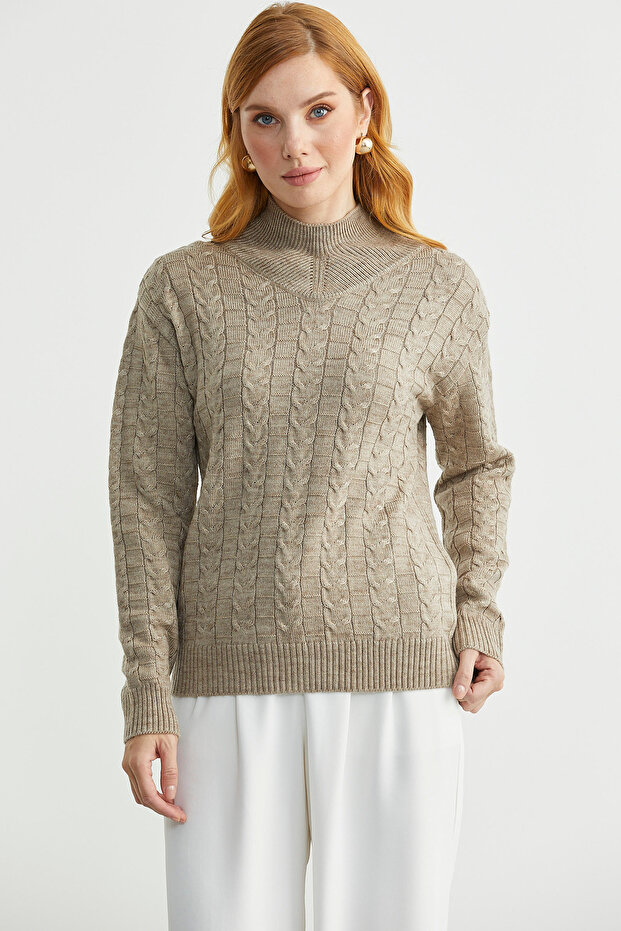 سترة صوفية بياقة عالية - بيج - 2