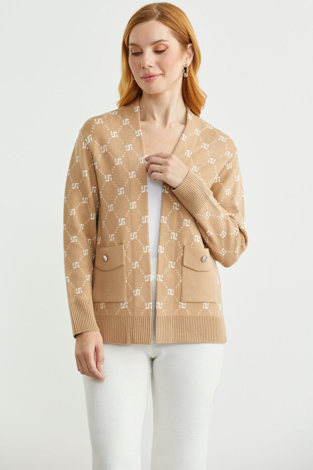 Logolu Cep Detaylı Oversize Triko Hırka - Kamel - 3