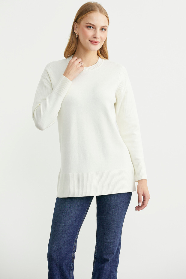 Sleeve Detailed Crew Neck Tunic Knitwear Sweater - Bone