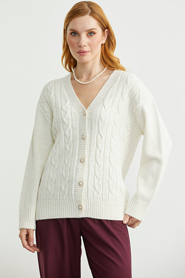 Pearl Button Detailed Knitwear Cardigan - Bone