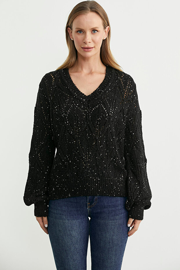 Delikli V Yaka Pullu Triko Kazak - Siyah - 1