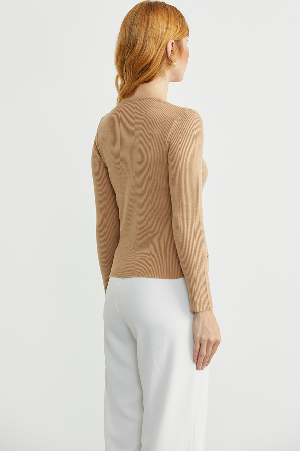 Fitilli Basic V Yaka Triko Kazak - Kamel - 5