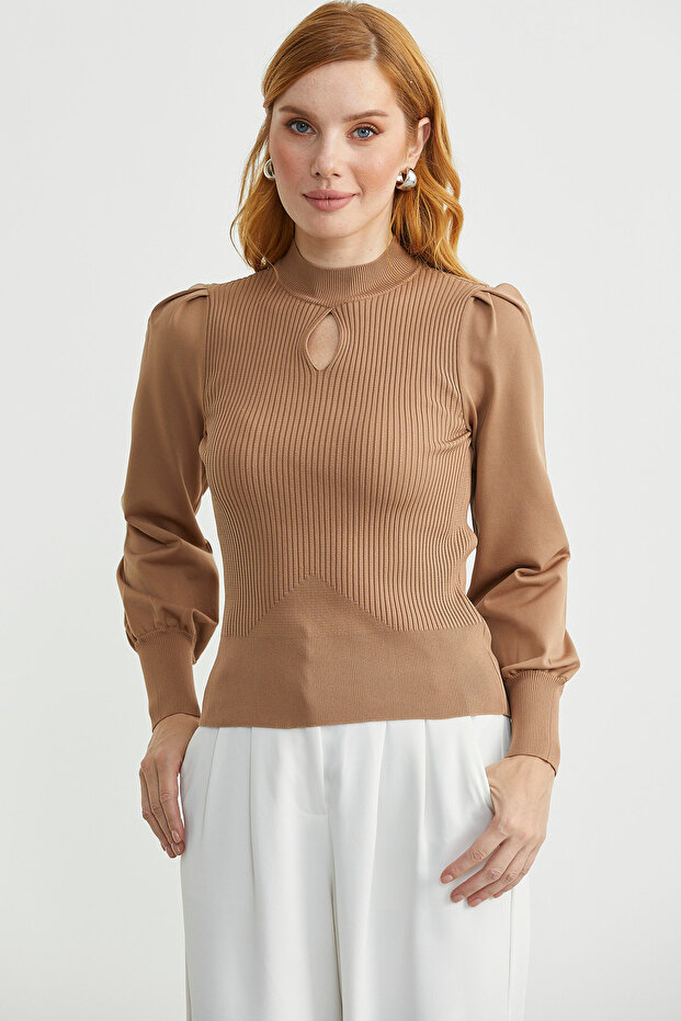 Dik Yaka Balon Kol Triko Kazak - Kamel - 1