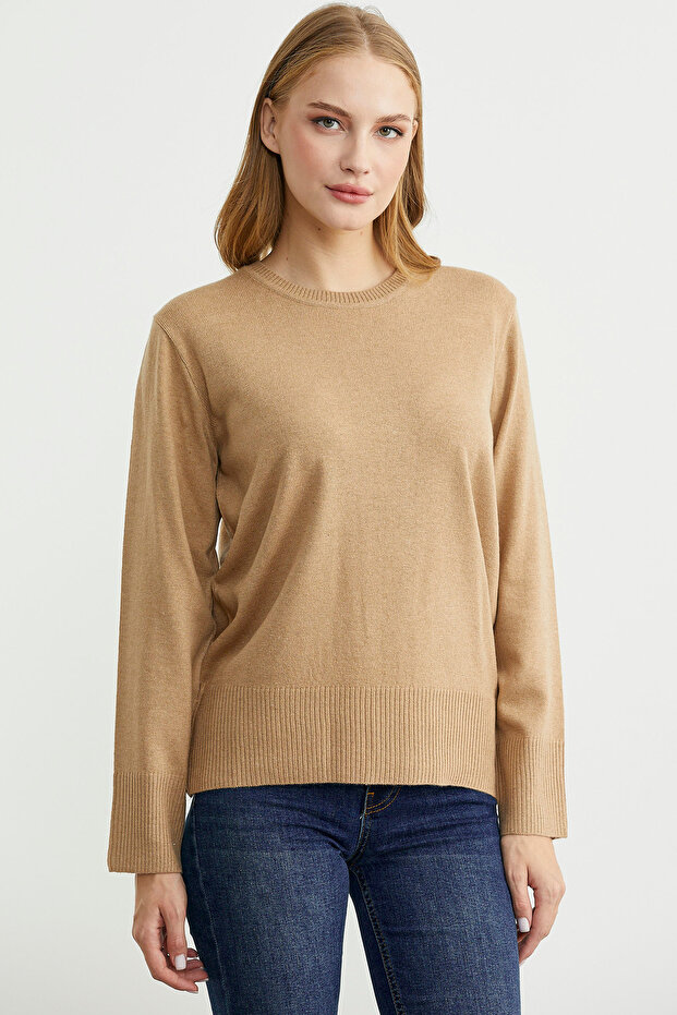 Bisiklet Yaka Yünlü Basic Triko Kazak - Kamel - 3