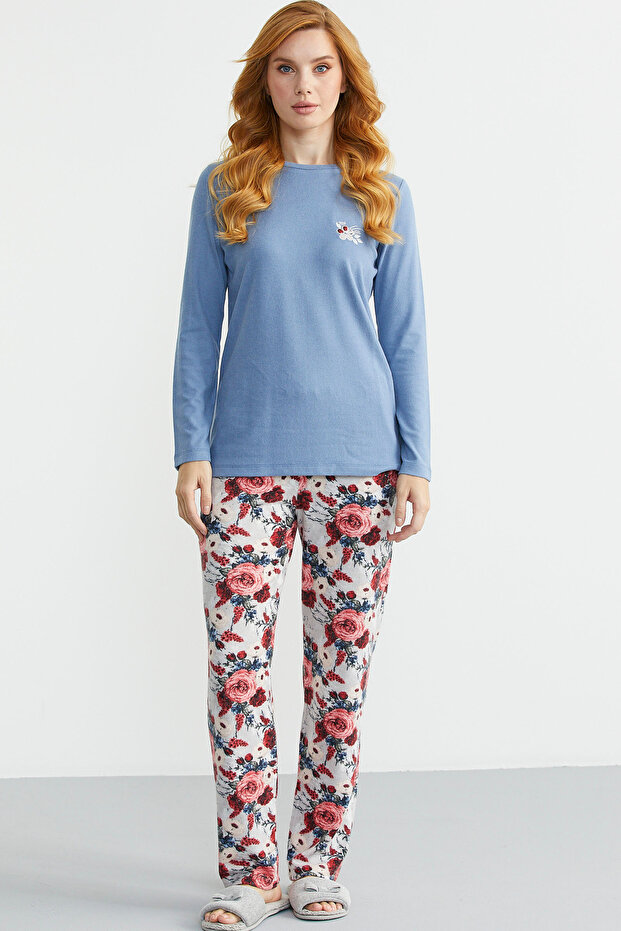 طقم بيجامة منقوشة بنسيج ناعم - نيلي - 1