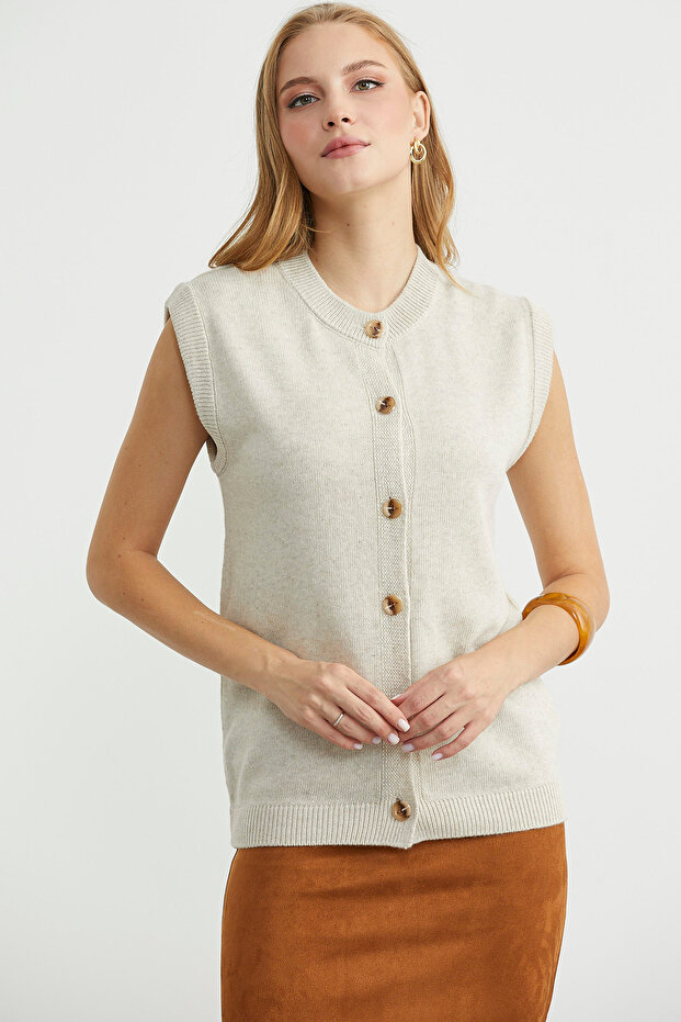 سترة صوفية محبوكة بأزرار - لون حجري - 1