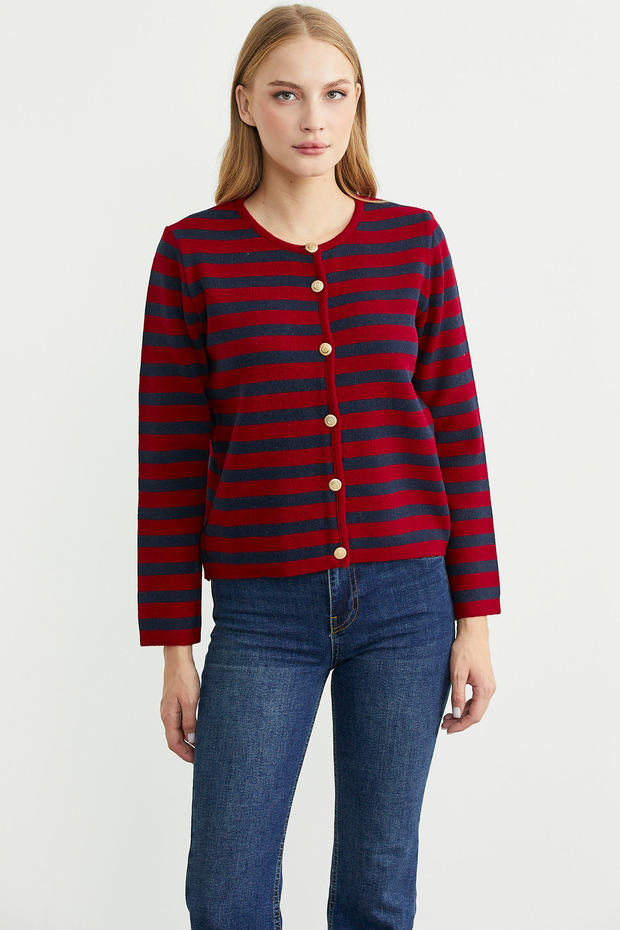 Colorful Striped Knitwear Short Cardigan - Red