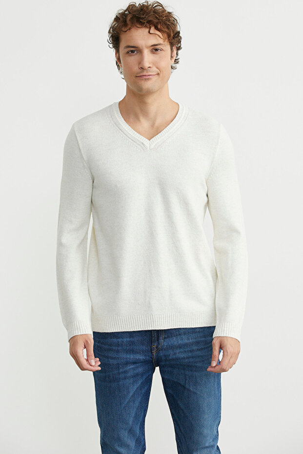 V Yaka Basic Triko Kazak - Kemik - 1