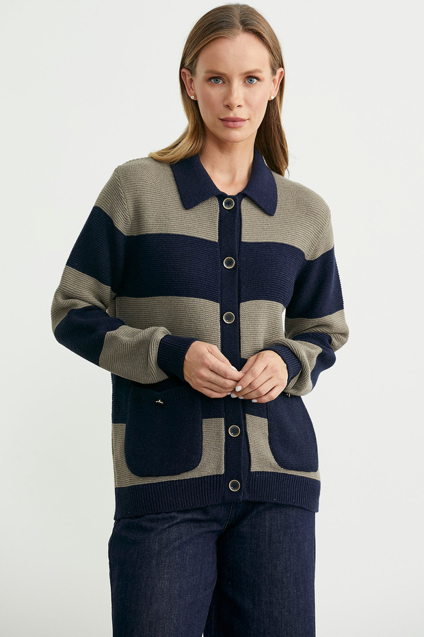 Wool Color Striped Pocketed Knitwear Cardigan - Navy Blue