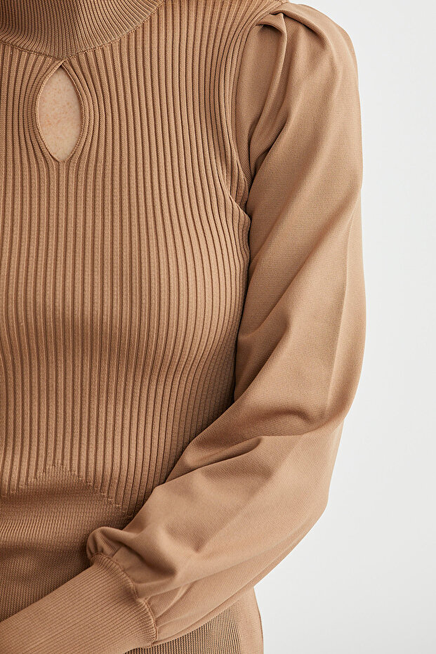 Dik Yaka Balon Kol Triko Kazak - Kamel - 5