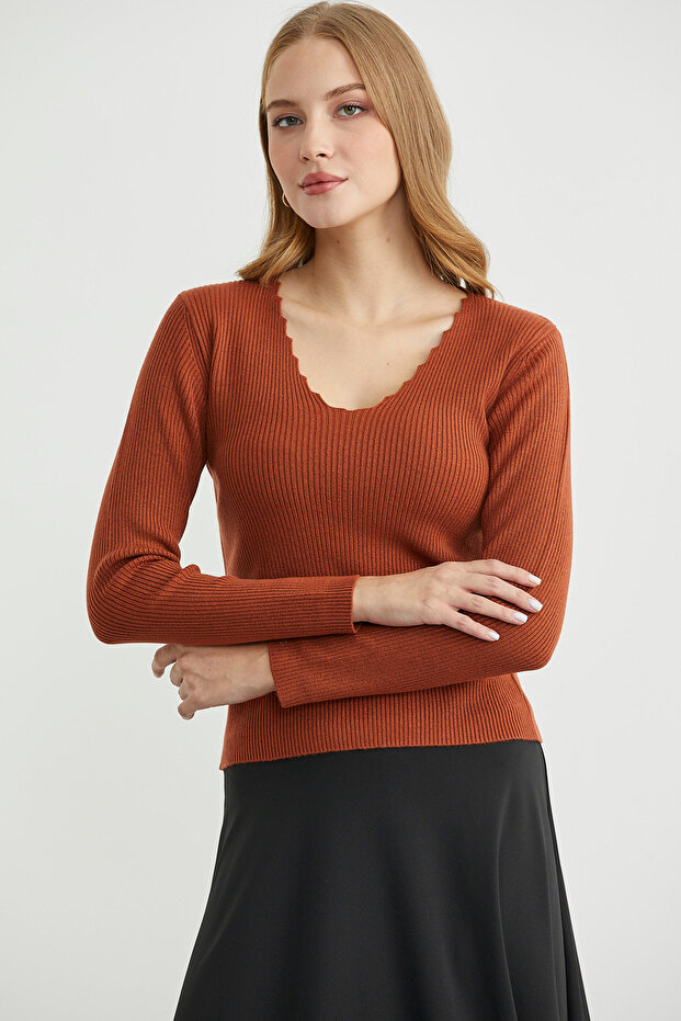 Fitilli Basic V Yaka Triko Kazak - Kiremit - 3