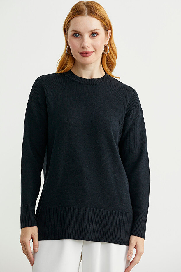 Sleeve Detailed Crew Neck Tunic Knitwear Sweater - Black