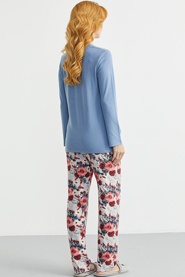 طقم بيجامة منقوشة بنسيج ناعم - نيلي - 6