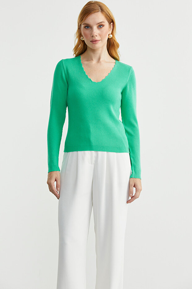 Ribbed Basic V-Neck Knit Sweater - Green - 1