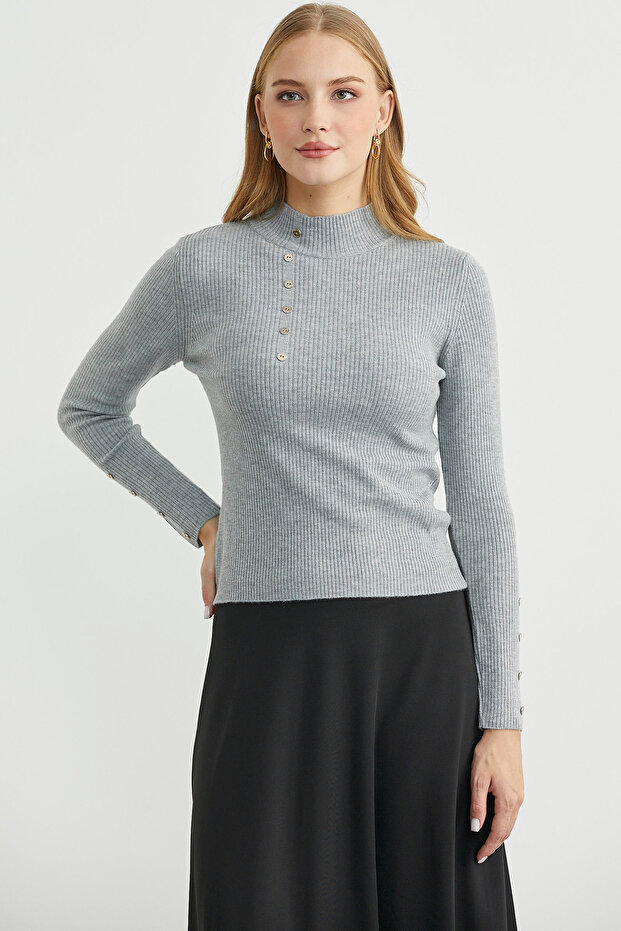 Fitilli Dik Yaka Basic Triko Kazak - Gri - 4