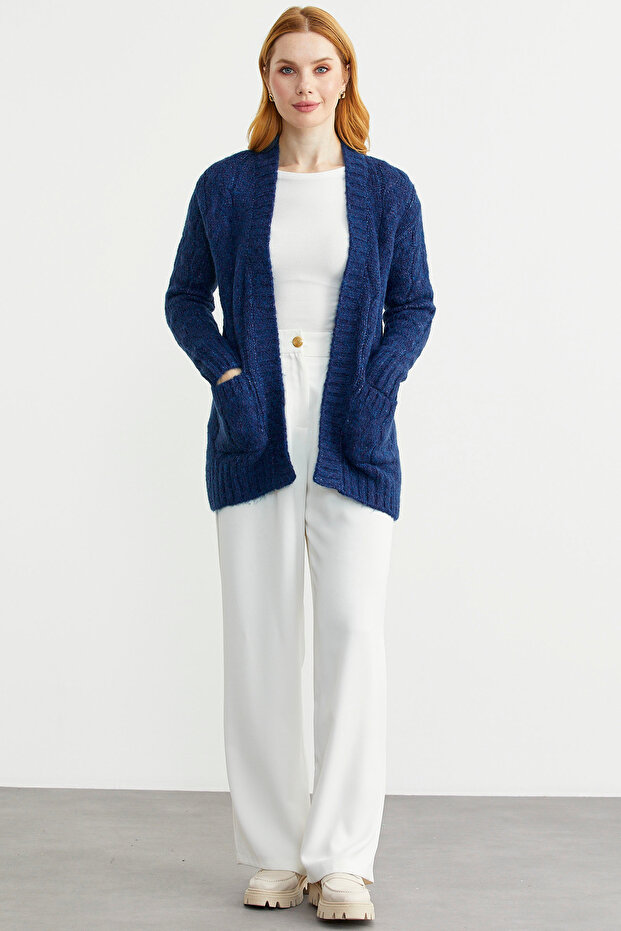 Hair Braid Motif Pocketed Knitwear Cardigan - Navy Blue