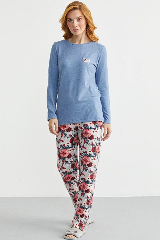 طقم بيجامة منقوشة بنسيج ناعم - نيلي - 4