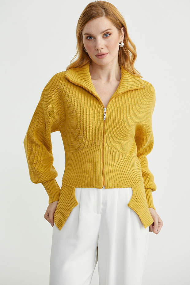 High Neck Zippered Waist Detailed Knit Cardigan - Güneş