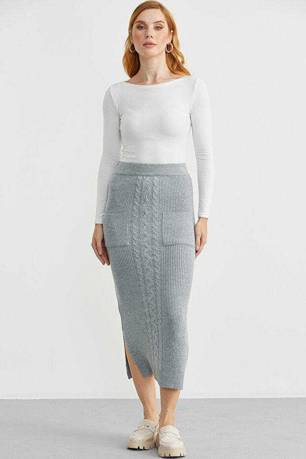 Long Knit Skirt with Pocket Detail - Gray