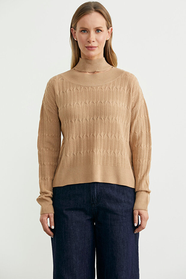 Saç Örgü Basic Dik Yaka Triko Kazak - Kamel - 2