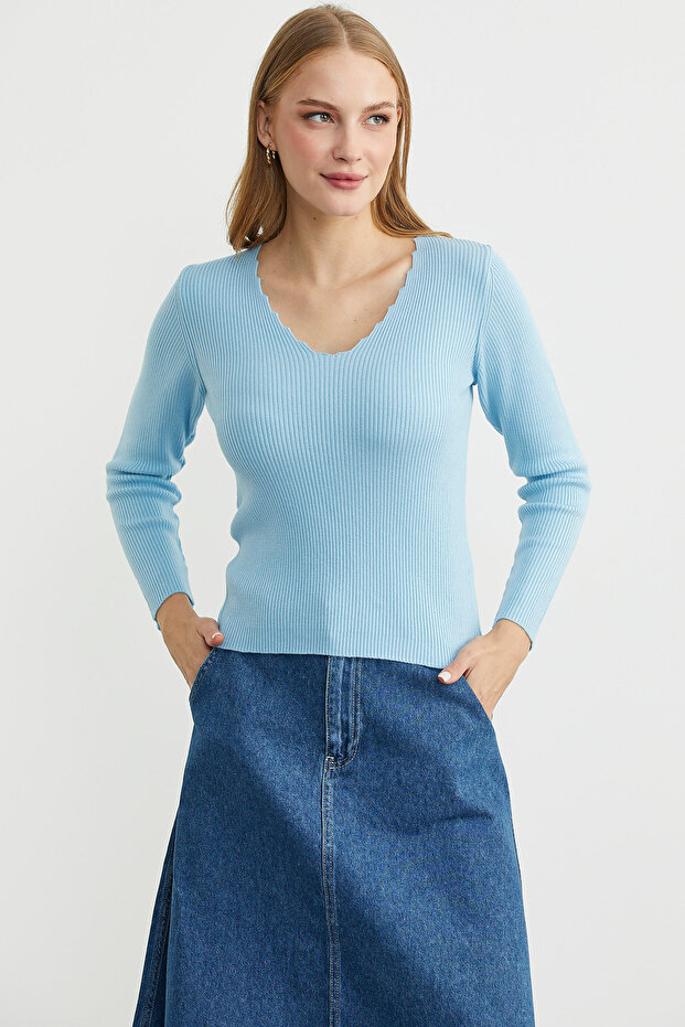 Fitilli Basic V Yaka Triko Kazak - Mavi - 2