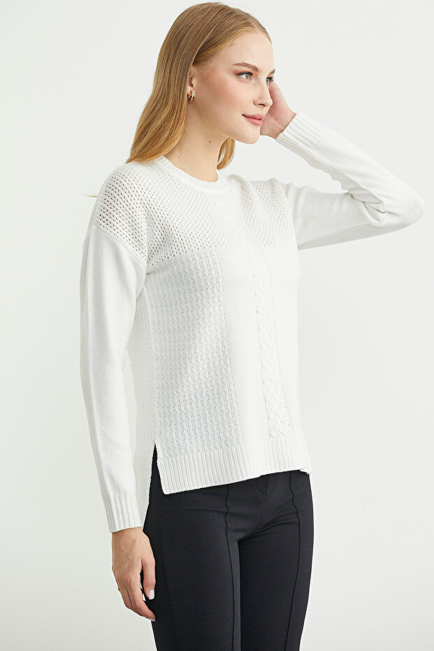 Patterned Long Back Knit Sweater - Bone - 5