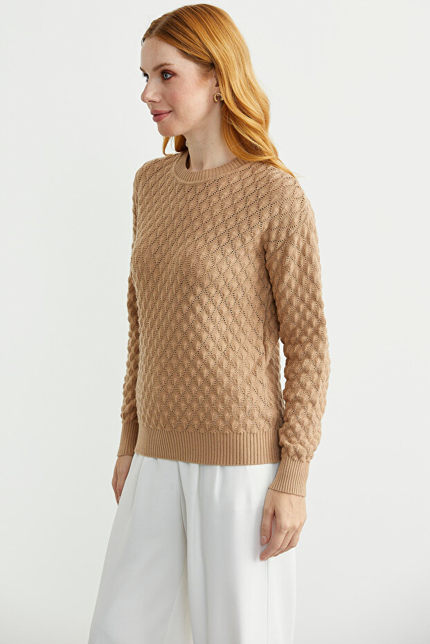 سترة تريكو بياقة دائرية - بيج - 4