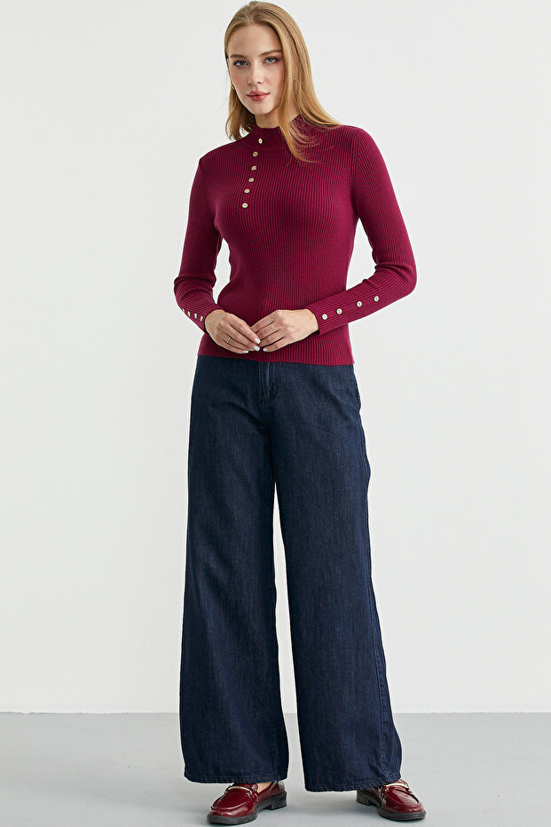 Fitilli Dik Yaka Basic Triko Kazak - Bordo - 4