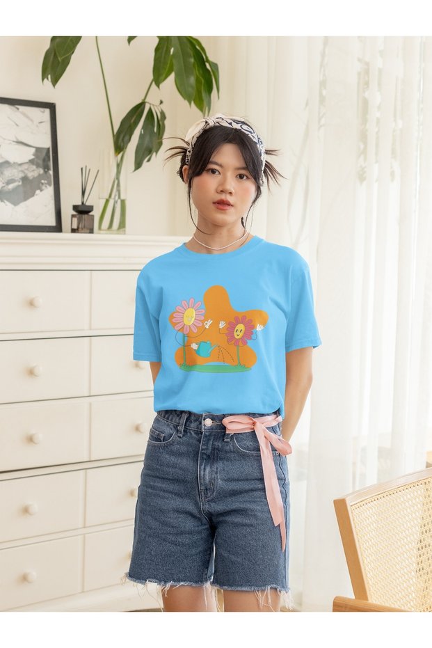 Girls/Women Happy Daisies Transfer Printed Round Neck Short Sleeve T-Shirt