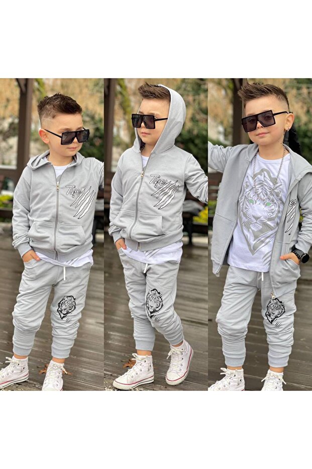 Boy's Lion Printed 3-Piece Tracksuit Set 2 Thread Full Lycra