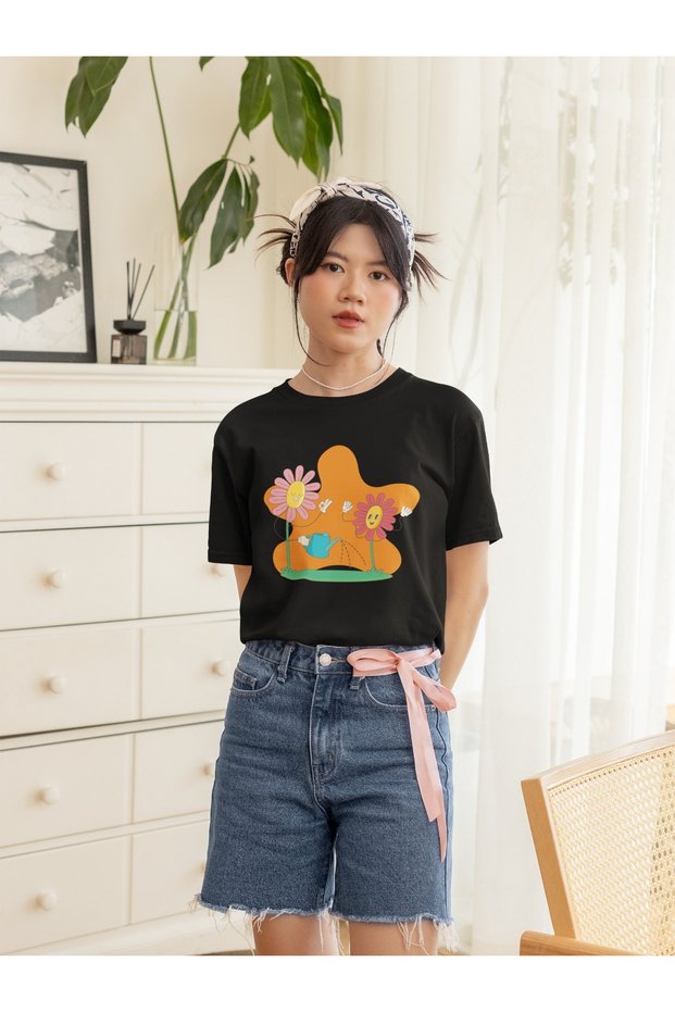 Girls/Women Happy Daisies Transfer Printed Round Neck Short Sleeve T-Shirt