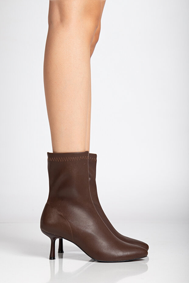 Women's Bitter Brown Stretch Ankle Mid Heeled Boots