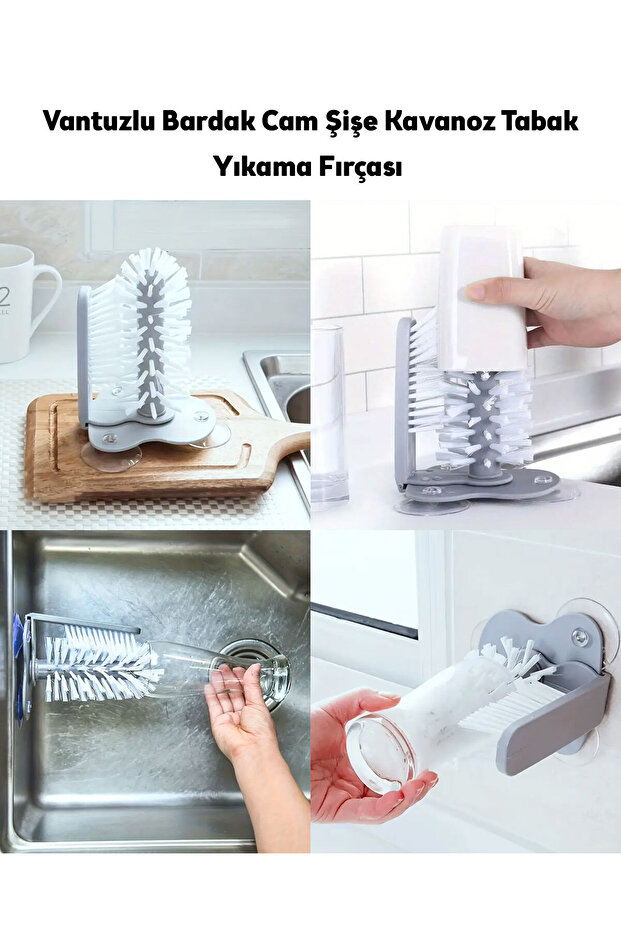 Vantuzlu Lavabo Bardak ve Şişe Yıkama Fırçası, Cam, Kavanoz ve Tabak Temizlik Fırçası - 5