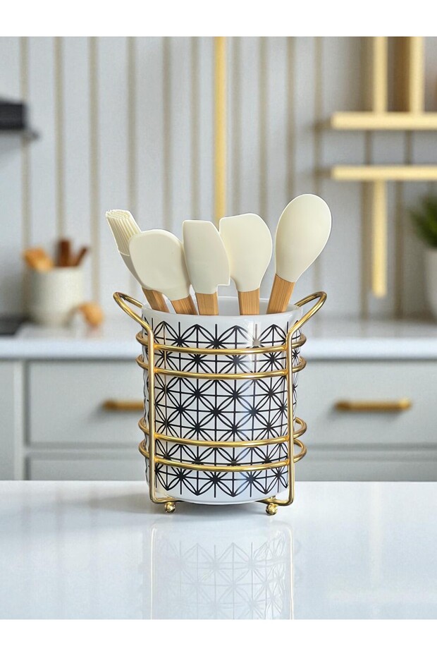 Kitchen Accessory Ceramic Upright Spoon Rest Lonca Pattern Gold