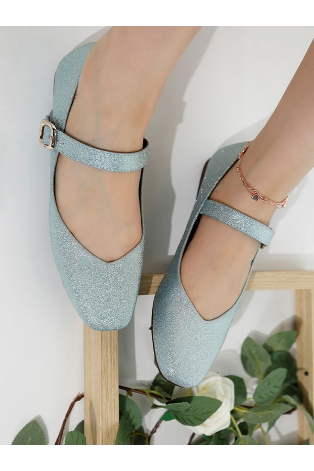 Women Glitter Pin Buckle Ballerinas in Baby Blue