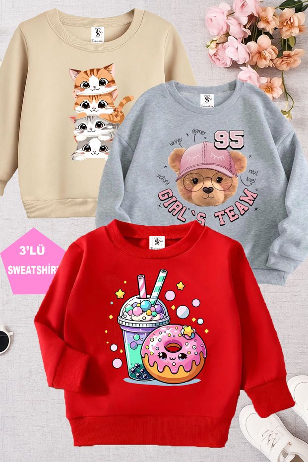 Girls Team and Cat Printed Grey-Beige-Red Triple Crew Neck Girls' Sweatshirt
