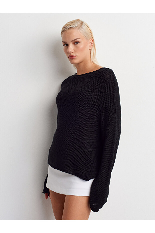 10804 Kayık Yaka Basic Triko Kazak-Siyah - 3