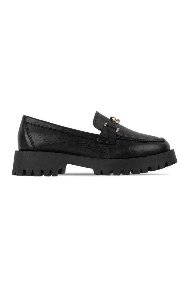 Wopyt Women's Gold Buckle Detailed Thick Sole Loafer Shoes-Black