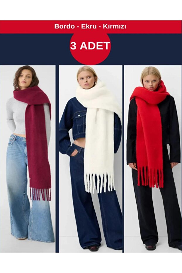 Set of 3 Soft Imported Soft Textured Women's Burgundy-White-Red Scarves, Shawls, Shoulder Wraps