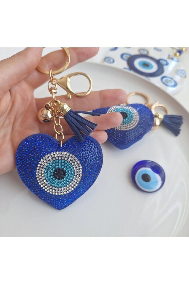 Luxury Gift Evil Eye Beaded Stoned Heart Keychain - Bag Ornament Blue (14,X7 cm)