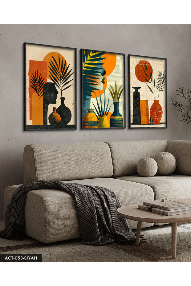 CeSht Bohem Tarz Modern 3 Parça Siyah Ahşap Çerçeveli Tablo