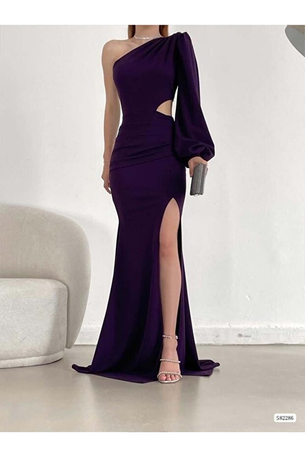 Tek Kol Derin Yırtmaçlı Krep Gece Elbisesi Abiye 582286 MOR - 1