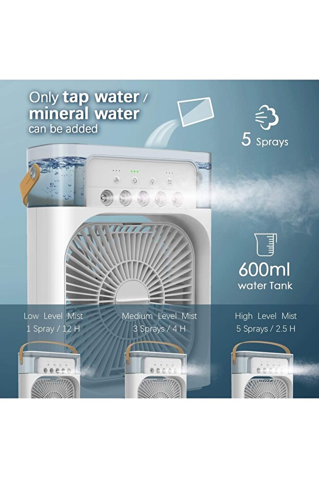 Portable 4-in-1 Desk Fan with Mist, 90° Oscillation, Timer, 3 Speeds & 7-Color Lights - 2