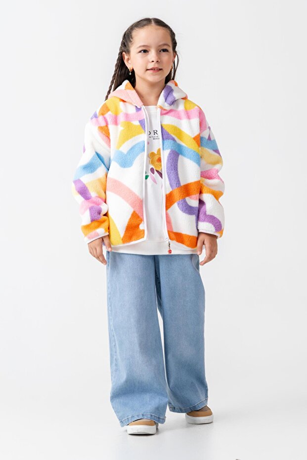 Girls' Cotton Colorful Patterned Hooded Zippered Fleece Coat - Comfortable Outerwear
